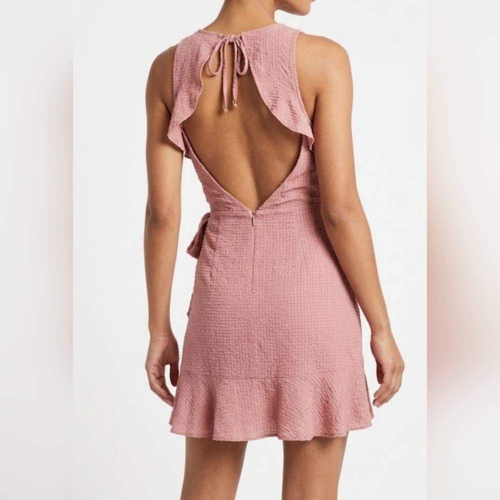 Altar'd State Dusty Pink Clip Dot Open-Back Ruffle Wrap Mini Dress - S